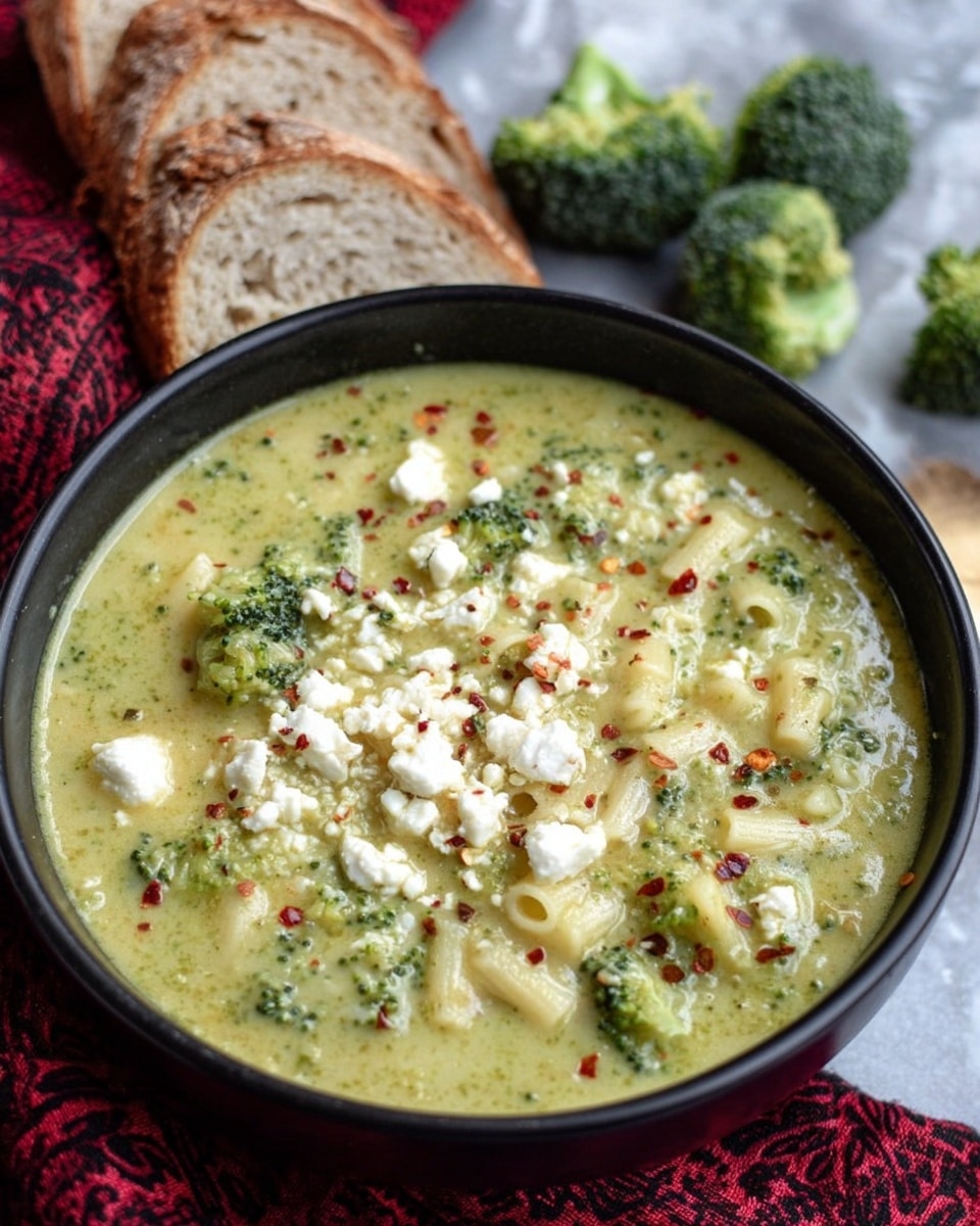 A black bowl filled with creamy broccoli soup, where the soup has a thick texture with visible small broccoli florets and pieces of pasta spread evenly through the light green base. White crumbled cheese is scattered on top, along with a sprinkle of red chili flakes adding tiny red spots. In the background, there are two slices of rustic brown bread with a crusty texture and a few fresh broccoli florets resting on a white marbled surface. A red cloth with dark patterns is partially visible by the bowl. Photo taken with an iphone --ar 4:5 --v 7