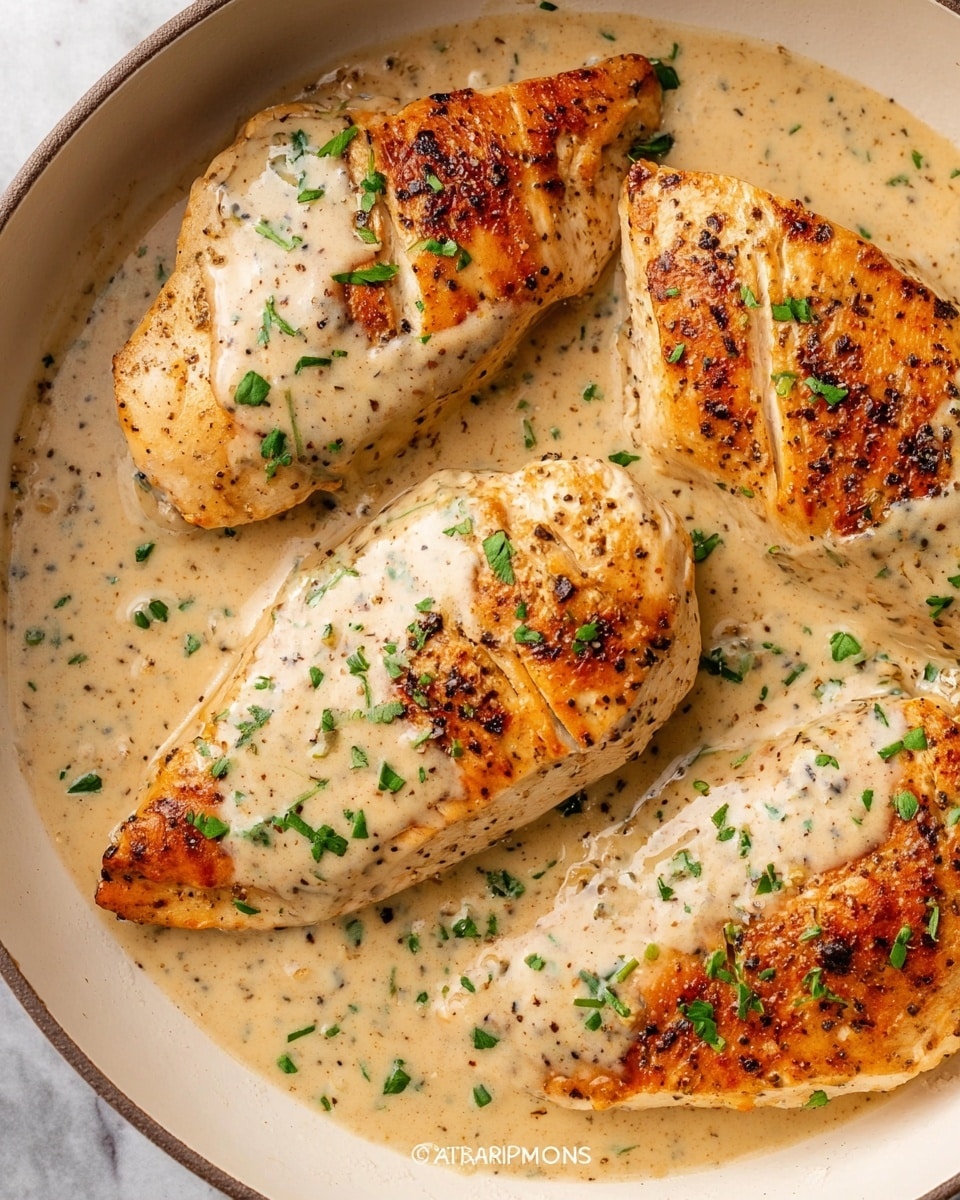 The image shows four browned chicken breasts in a shallow layer of creamy white sauce inside a white dish. Each chicken breast is golden brown with some dark seared spots and topped with a smooth, thick cream sauce that has visible black pepper specks. Small green chopped herbs are scattered evenly over the chicken and sauce, adding a pop of color. The dish sits on a white marbled surface that contrasts softly with the warm colors of the food. photo taken with an iphone --ar 4:5 --v 7