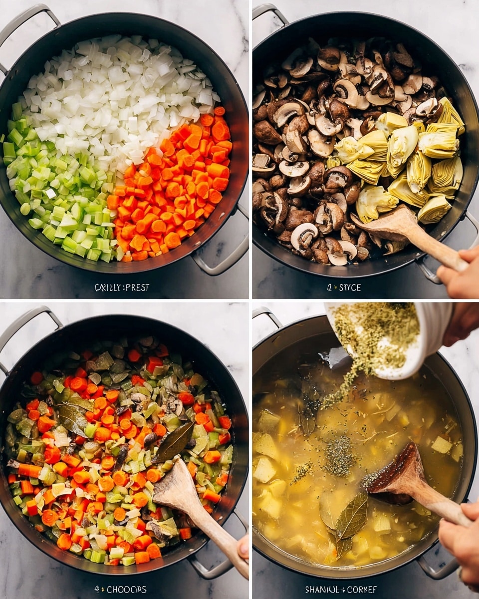 A four-image collage shows a cooking process in a black pan on a white marbled surface. The first image has raw chopped vegetables carefully arranged in layers: diced white onions on the top left, bright green celery next to them, minced garlic below celery, diced orange carrots at the bottom left, and sliced brown mushrooms covering the right half of the pan. The second image shows the vegetables mixed together with green celery, orange carrots, brown mushrooms, and diced onions all softened and seasoned with dried green herbs in the center, as a woman's hand with a wooden spoon stirs inside the pan. The third image adds pale yellow artichoke hearts and a bay leaf on top of the cooked mixed vegetables as broth is poured from a carton, with the wooden spoon resting inside. The fourth image shows the pan filled with a yellow broth, with vegetables floating softly in it, partially submerged, while the woman's hand stirs gently with the wooden spoon. Photo taken with an iphone --ar 4:5 --v 7
