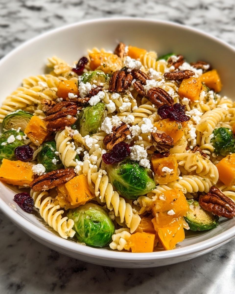 The image shows a bowl filled with a colorful pasta salad made of light yellow spiral rotini pasta as the base layer. Mixed throughout are bright orange cubes of roasted butternut squash, green halved Brussels sprouts with a slightly charred texture, and scattered whole pecans with a glossy brown surface. On top, there are small white crumbles of feta cheese and dark red dried cranberries adding contrast. The bowl is white and sits on a white marbled textured surface. Photo taken with an iphone --ar 4:5 --v 7