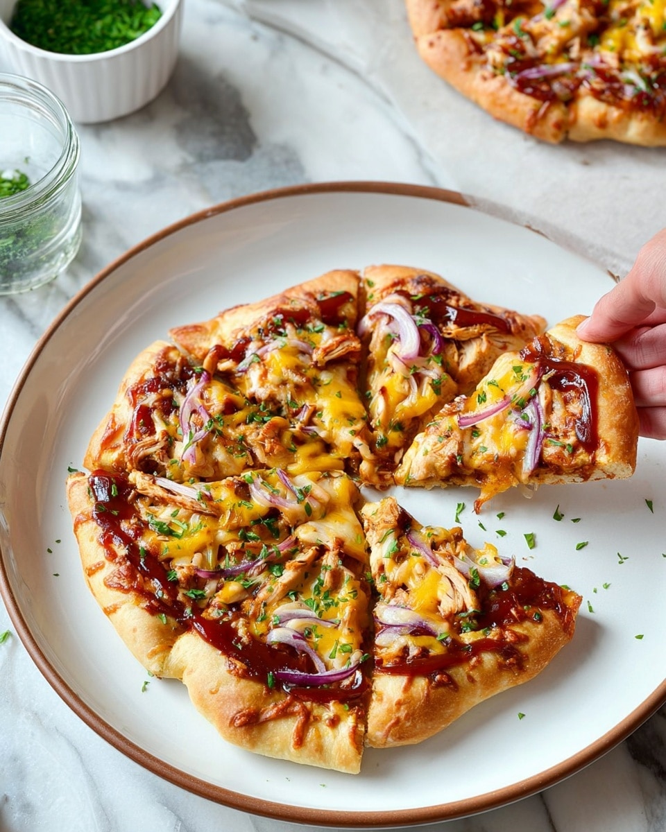 The image shows a pizza with a thick, golden-brown crust placed on a white plate with a brown rim. The pizza is cut into four slices, revealing layers starting with a slightly crispy base, topped with a spread of BBQ sauce. Above the sauce, there are pieces of cooked chicken with a light brown color, thin slices of purple-red onion, and melted yellow cheddar cheese with some white cheese mixed in, all sprinkled with chopped green herbs. The pizza looks slightly glossy because of the sauce and melted cheese. The background is a white marbled surface with a white bowl of green herbs and a glass jar partially visible nearby, with a woman's hand reaching toward the pizza. Photo taken with an iphone --ar 4:5 --v 7