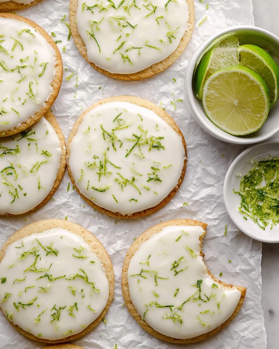 The image shows several round sugar cookies laid out on crinkled white parchment paper over a white marbled surface. Each cookie has two visible layers: a base cookie layer in light golden brown with a soft texture, topped by a smooth, shiny white icing that covers nearly the entire cookie surface. On top of the icing, fine green lime zest is sprinkled evenly, adding color contrast and texture. Two cookies have a bite taken out of them, showing the thickness of the base layer. To the right, a white bowl filled with lime wedges and another small white bowl lightly filled with more lime zest sit nearby. Photo taken with an iphone --ar 4:5 --v 7