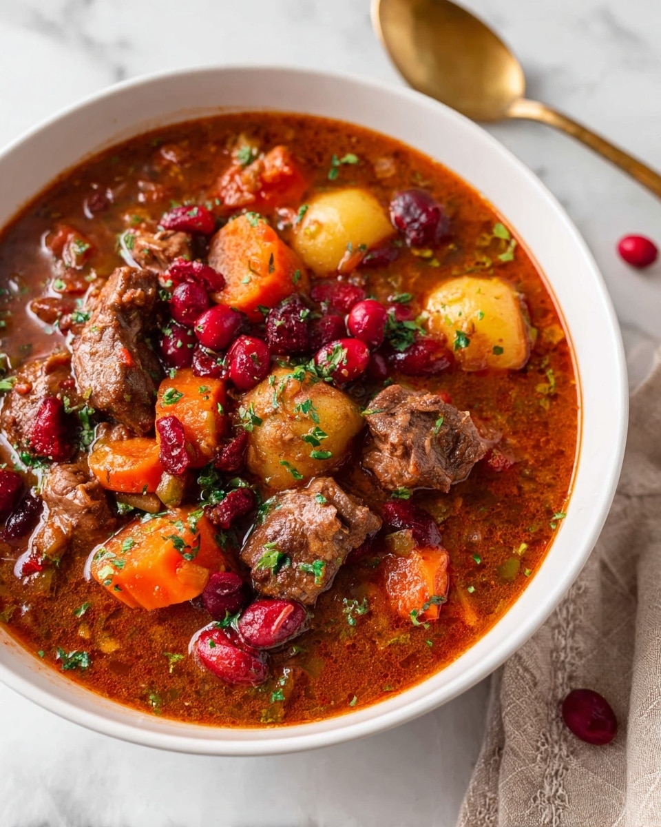 A white bowl filled with a thick stew showing three main layers: the bottom layer is a smooth reddish-brown broth, the middle layer has chunks of tender brown beef and light yellow potatoes, and the top layer features bright orange carrot slices and scattered shiny red cranberries, all sprinkled with small green herb pieces. The bowl sits on a white marbled surface with a beige cloth and a gold spoon nearby. Photo taken with an iphone --ar 4:5 --v 7