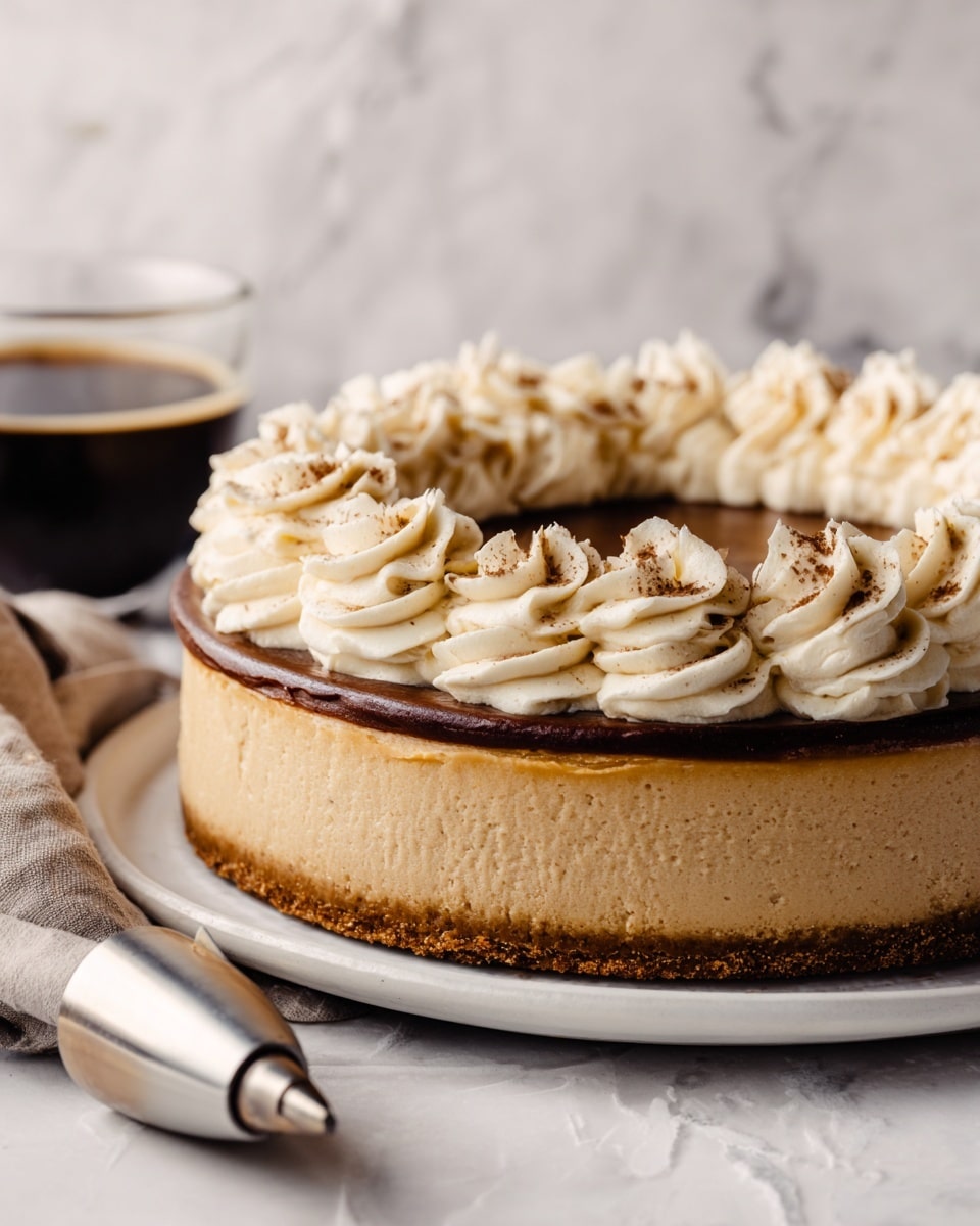 The image shows a creamy light brown cheesecake with a thick dark brown chocolate layer on top, piped with a ring of soft, light beige whipped cream swirls around the edge. The cheesecake sits on a white plate with a white marbled texture surface beneath it. In the foreground, there is a piping bag with a metal nozzle, slightly out of focus, and in the background, a clear glass cup filled with black coffee is partially visible. Photo taken with an iphone --ar 4:5 --v 7