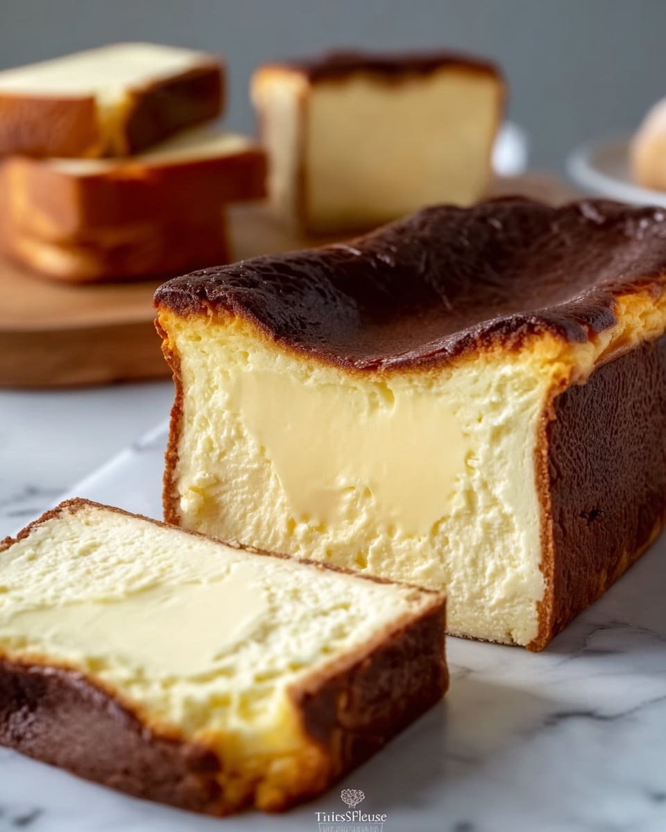 A loaf cake with two main parts is shown. The outside layer is a thick, dark brown crust that looks slightly burnt and rough. Inside, there is a creamy yellow layer of soft cake filling, smooth and dense, with a visible thick cream or custard layer in the middle that looks soft and glossy. One slice is cut from the loaf and placed in front, showing all layers clearly in a cross-section. The cake rests on white parchment paper on a white marbled surface. Photo taken with an iphone --ar 4:5 --v 7