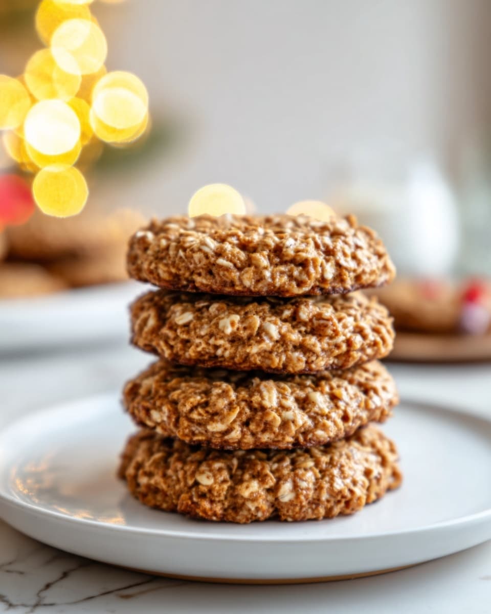 The image shows a stack of four round cookies made from oats, with a rough and chewy texture. The cookies are light brown with visible oat flakes and small bits of nuts or seeds. They are placed in the center of a plain white plate that sits on a white marbled surface. In the blurred background, there are soft yellow lights that create a warm and cozy feeling. Photo taken with an iphone --ar 4:5 --v 7