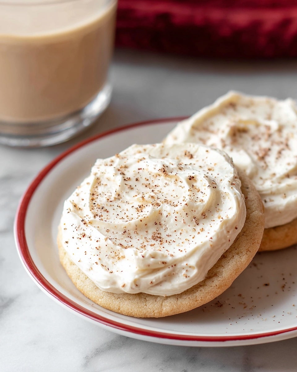 The image shows two round sugar cookies on a white plate with a red edge, placed on a white marbled surface. Each cookie has one thick layer of creamy white frosting spread on top, with a slightly rough texture and swirled pattern, sprinkled with fine brown nutmeg or cinnamon spice flakes. The cookies themselves are light golden brown and appear soft and chewy. A blurry glass with a creamy drink is in the background. photo taken with an iphone --ar 4:5 --v 7