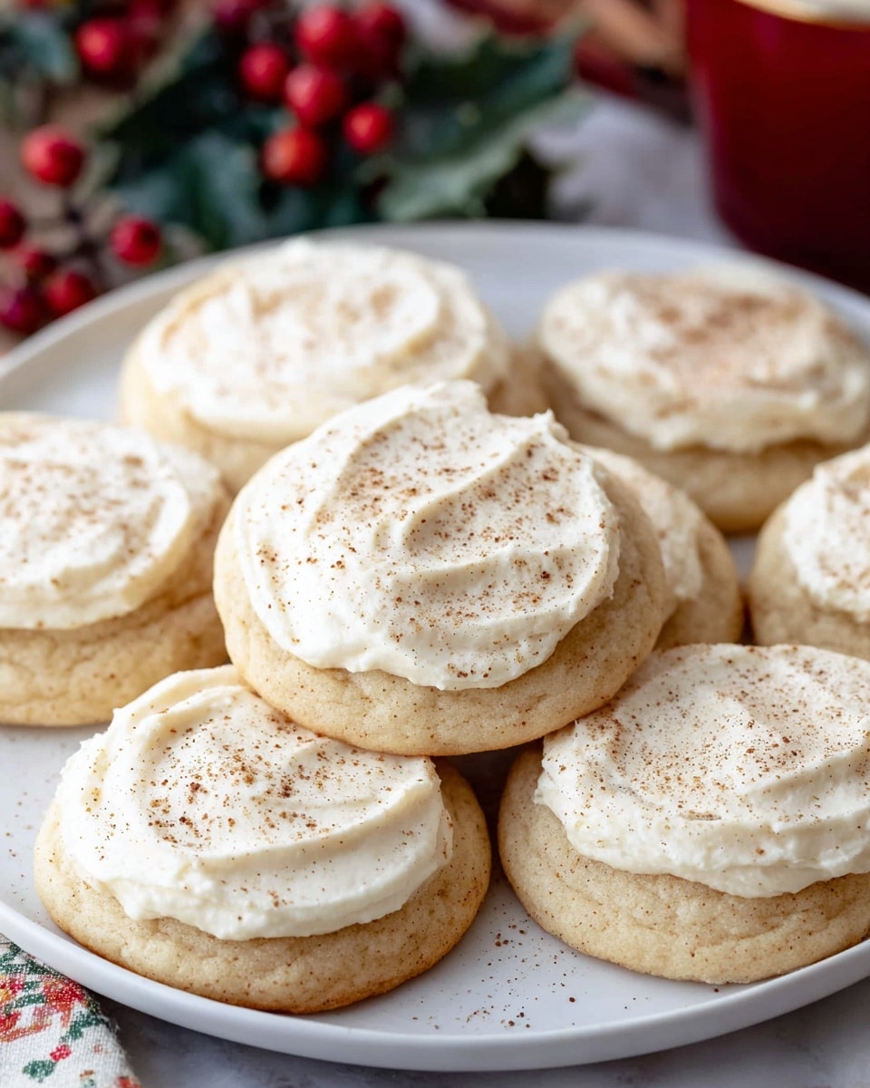 A white plate holds eight round cookies with a light beige color. Each cookie has one thick layer of creamy white frosting on top, slightly swirled and sprinkled with a light dusting of brown spice powder. The cookies look soft and slightly thick with a smooth texture on the frosting. The background shows a white marbled texture beneath the plate and blurred red berries and green leaves in the distance, adding a holiday feel. photo taken with an iphone --ar 4:5 --v 7