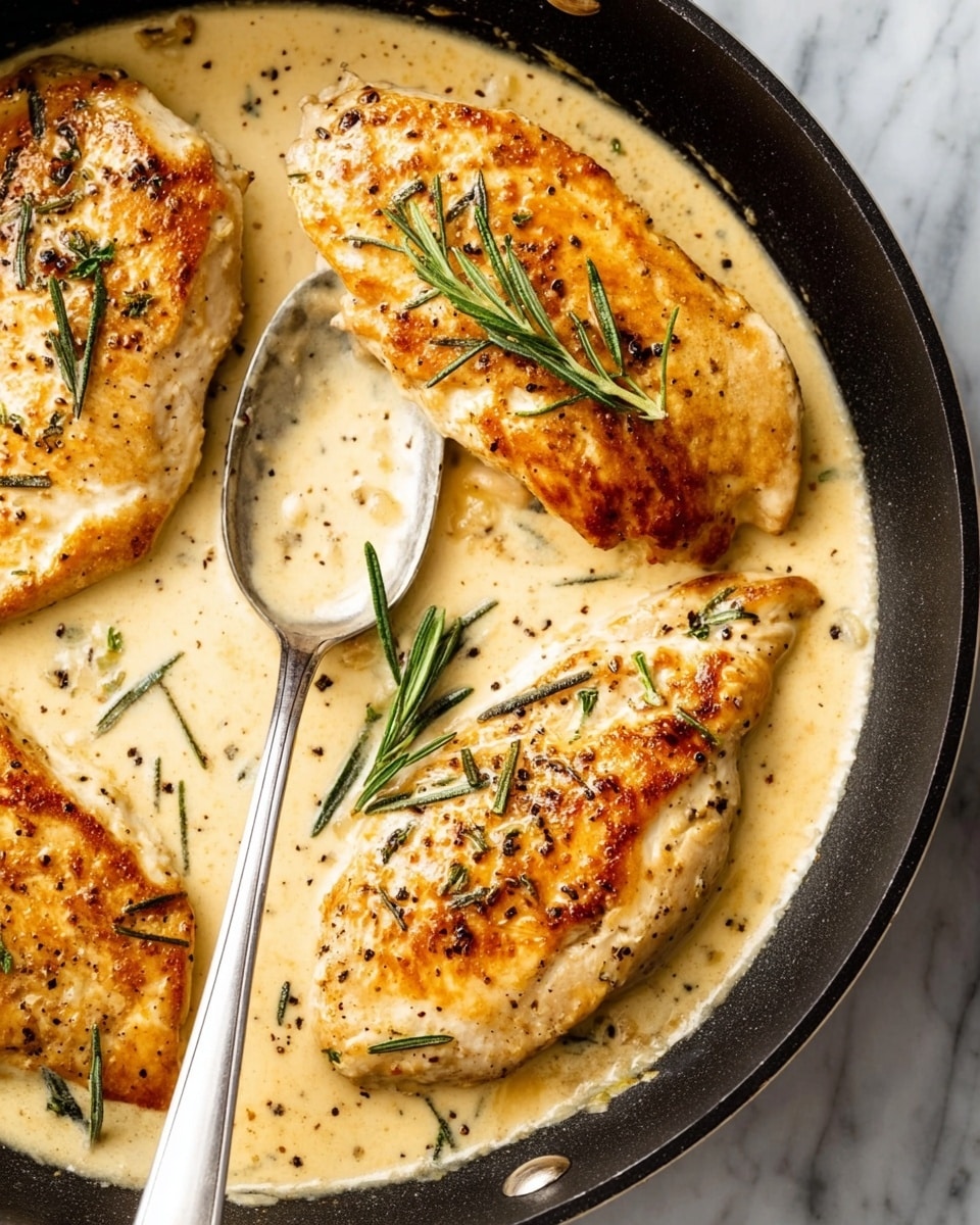 The image shows three large pieces of golden brown chicken breasts in a black pan, covered with a thick creamy sauce that is light beige in color. Some fresh rosemary leaves are scattered on top of the chicken and sauce, adding green accents. There are small specks of black pepper sprinkled across the dish, enhancing the texture. A shiny silver spoon rests in the sauce on the left side of the pan. The background surface is a white marbled texture. photo taken with an iphone --ar 4:5 --v 7