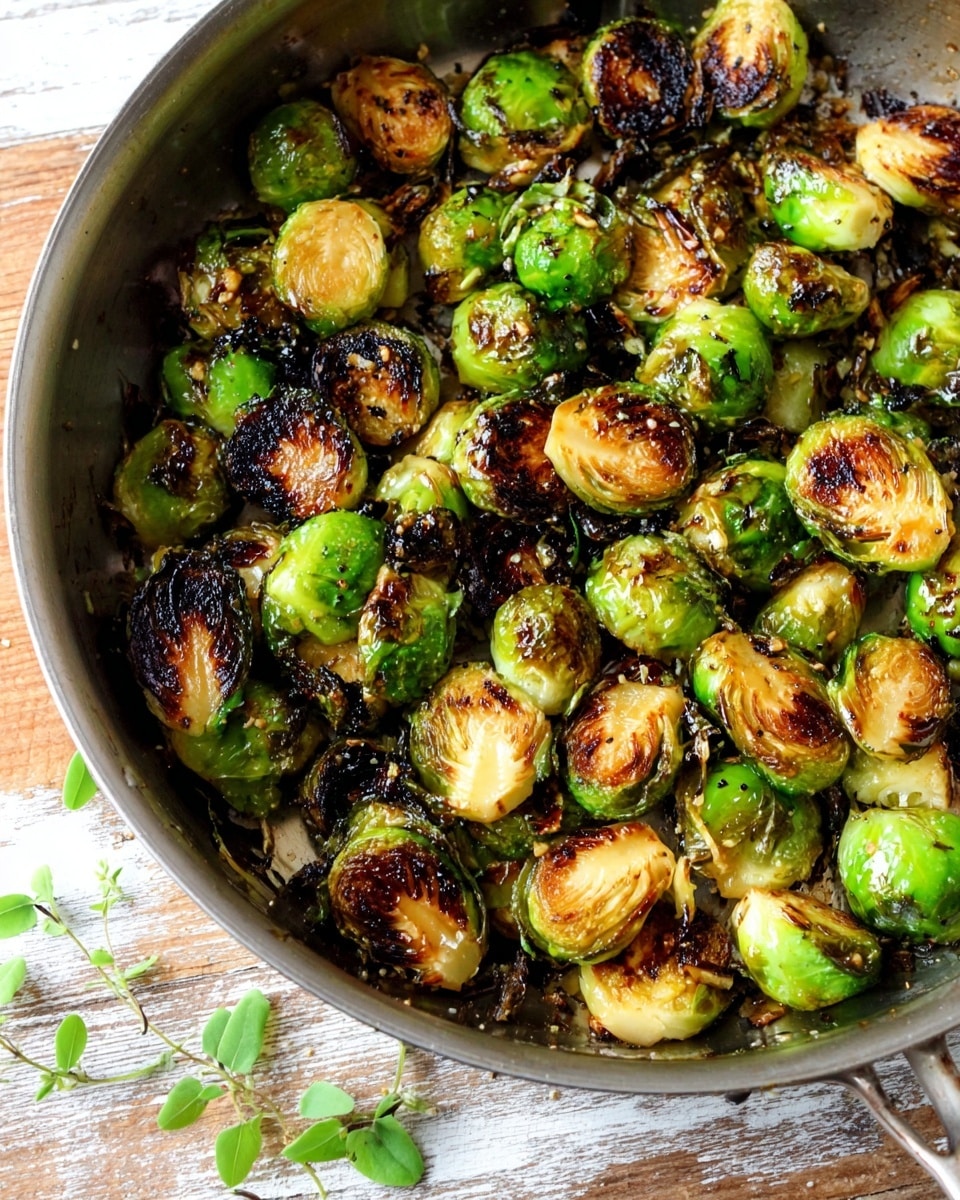 The image shows a close-up of a single pan filled with about three layers of Brussels sprouts that are halved and sautéed. The Brussels sprouts have a bright green color with a rich, golden brown to black charred texture on the cut sides, showing signs of caramelization and crispiness. The pan is metal and sits on a wooden surface with some scattered small green leaves around it. The background has a white marbled texture. photo taken with an iphone --ar 4:5 --v 7