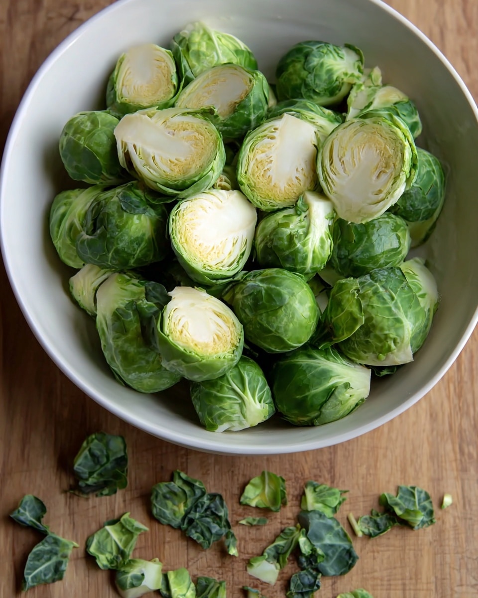 A white bowl filled with multiple halved Brussels sprouts, showing their green outer leaves and pale inner cores, sits on a natural wood surface. Some loose green Brussels sprout leaves and small pieces are scattered beneath the bowl, adding texture and depth. The Brussels sprouts have a fresh, slightly shiny appearance with visible veins and layers of tightly packed leaves. The whole scene contrasts the vibrant green vegetables against the simple, smooth white bowl and warm wood below. Photo taken with an iphone --ar 4:5 --v 7