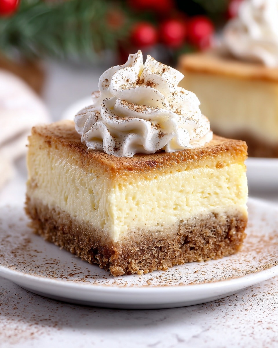 A close-up view of a square slice of cheesecake on a white plate, showing three layers: a crumbly brown crust at the bottom, a thick creamy light yellow middle layer with a soft texture, and a thin golden brown top layer dusted with fine brown powder, likely cinnamon. On top of the cheesecake slice, there is a swirl of white whipped cream sprinkled lightly with the same brown powder. The white plate sits on a white marbled texture surface, and the background is softly blurred with hints of festive green foliage and red berries. photo taken with an iphone --ar 4:5 --v 7