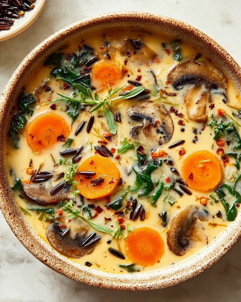 A bowl filled with creamy soup has several visible layers and colors. The base layer is light beige and smooth with a creamy texture. Floating inside are bright orange round carrot slices scattered evenly. There are dark brown soft mushroom pieces spread through the soup, with some green leafy vegetables providing a fresh touch. Small grains of wild rice in dark purple-black color float lightly in the soup, adding texture contrast. Tiny red chili flakes and black pepper bits are sprinkled on top for a touch of spice and decoration. The bowl is round and white with a rough speckled brown rim, sitting on a white marbled surface. photo taken with an iphone --ar 4:5 --v 7