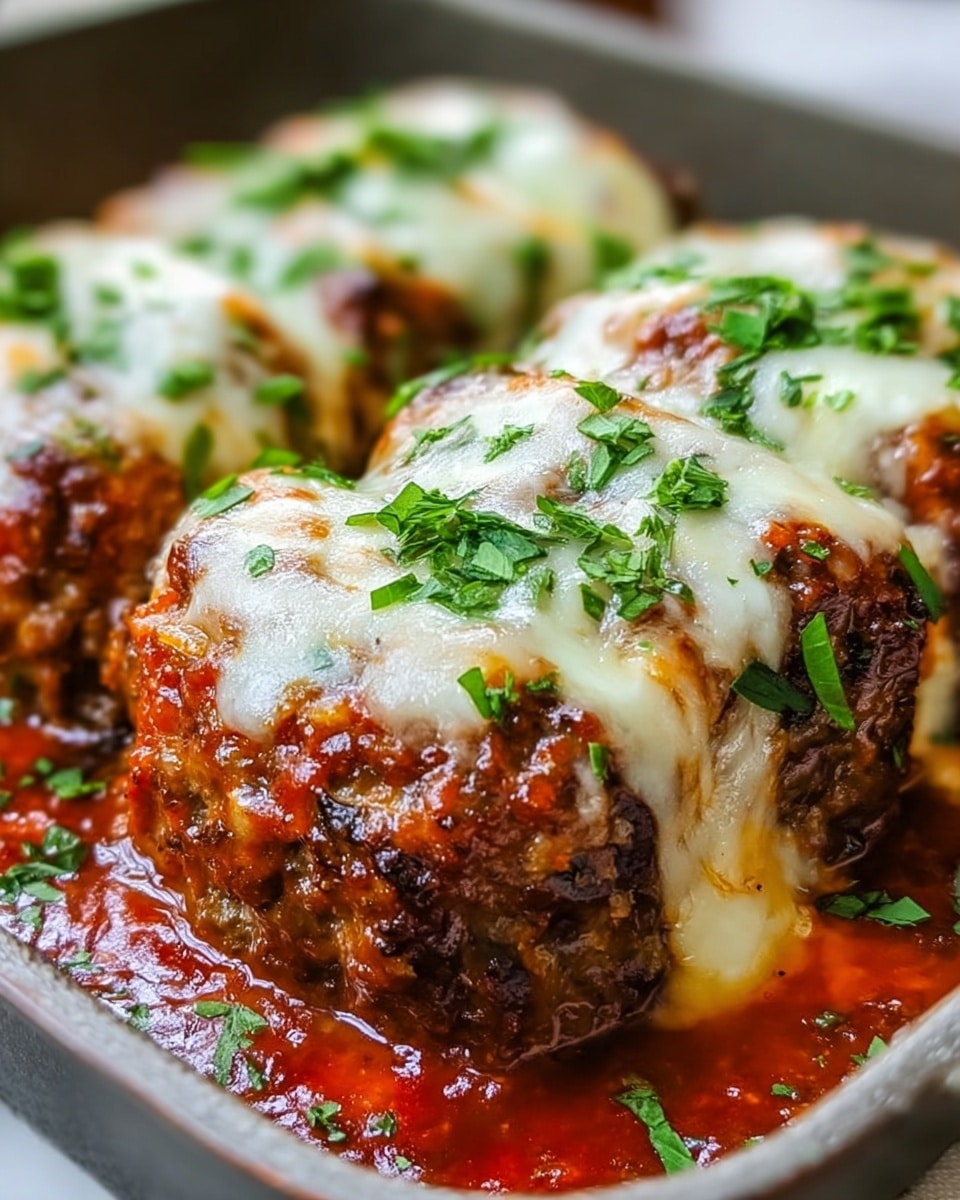 A close-up of a rectangular pan filled with three large pieces of baked meatloaf covered in melted, bubbly white cheese with slightly browned spots, and covered in a thick red tomato sauce that pools around the base. Each meatloaf piece shows a rough, textured brown exterior with a juicy, soft inside. Fresh green chopped herbs are scattered generously on top and around the meatloafs. photo taken with an iphone --ar 4:5 --v 7