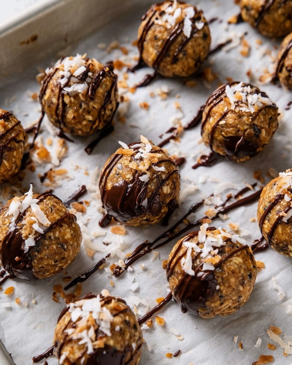 The image shows several round energy bites arranged closely on a parchment-lined tray with a white marbled texture underneath. Each bite has a rough, grainy light brown base layer mixed with darker specks, likely chocolate or seeds. The bottom of some bites is coated with a smooth, glossy dark chocolate layer, and a dark chocolate drizzle is artfully scattered across the bites and the parchment. White and lightly toasted shredded coconut flakes are sprinkled on top of each bite, adding texture and contrast. Photo taken with an iphone --ar 4:5 --v 7