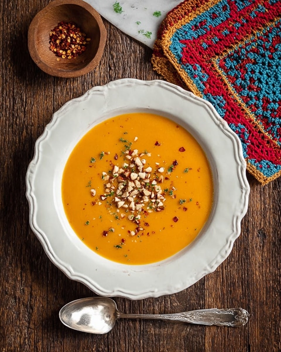 A white plate with a scalloped edge holds one layer of smooth, thick orange soup. On top, there is a scattering of chopped nuts and red pepper flakes adding texture and color contrast. The dish sits on a dark wood surface with a silver spoon placed below the plate. In the upper right corner, a colorful crocheted cloth with red, blue, and yellow details rests partly visible, and a small wooden bowl containing red pepper flakes is visible near the top center. The surface behind everything is altered to white marble texture. photo taken with an iphone --ar 4:5 --v 7