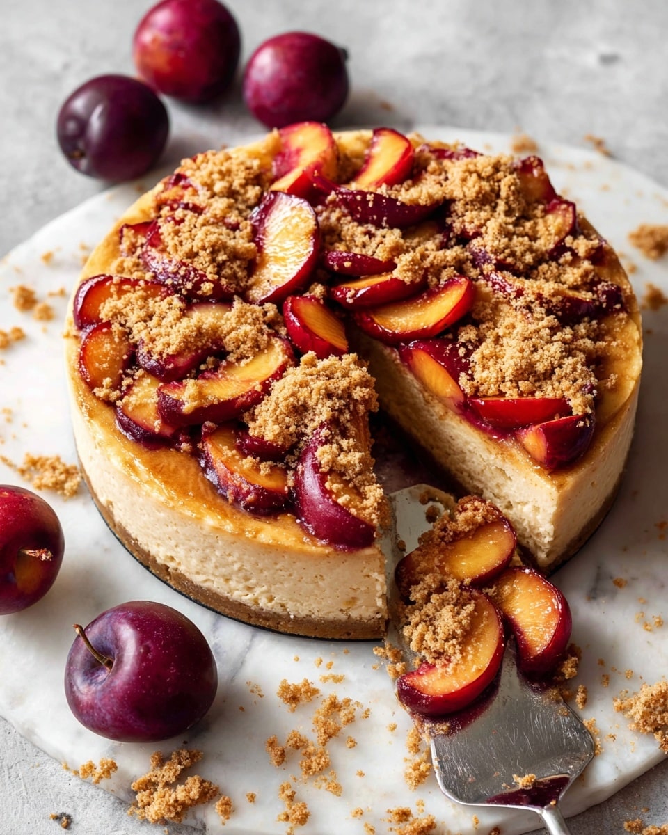 A round cheesecake with a smooth light golden top sits on a white marbled surface, topped with a generous layer of sliced red and orange plums arranged loosely, creating a colorful mix of warm tones. Over the fruit, there is a crumbly streusel topping in a pale brown color, scattered unevenly to add texture. One slice is cut out and placed slightly away from the cake on a silver cake server, showing the creamy, pale interior. Around the cheesecake are whole plums and scattered streusel crumbs, enhancing the fresh and homemade feel. Photo taken with an iphone --ar 4:5 --v 7