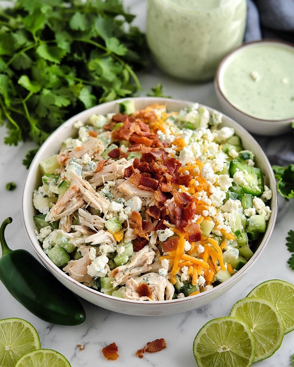 The image shows a white bowl filled with a mixed salad that has about five layers visible: shredded light beige chicken pieces, small bright green cucumber chunks, shredded light orange cheese, crumbled white cottage cheese, and scattered crispy reddish-brown bacon bits on top. The bowl is placed on a white marbled surface with green cilantro leaves, a whole jalapeño pepper, and halved limes around it. In the background, there are containers of creamy light green dressing. The photo taken with an iphone --ar 4:5 --v 7