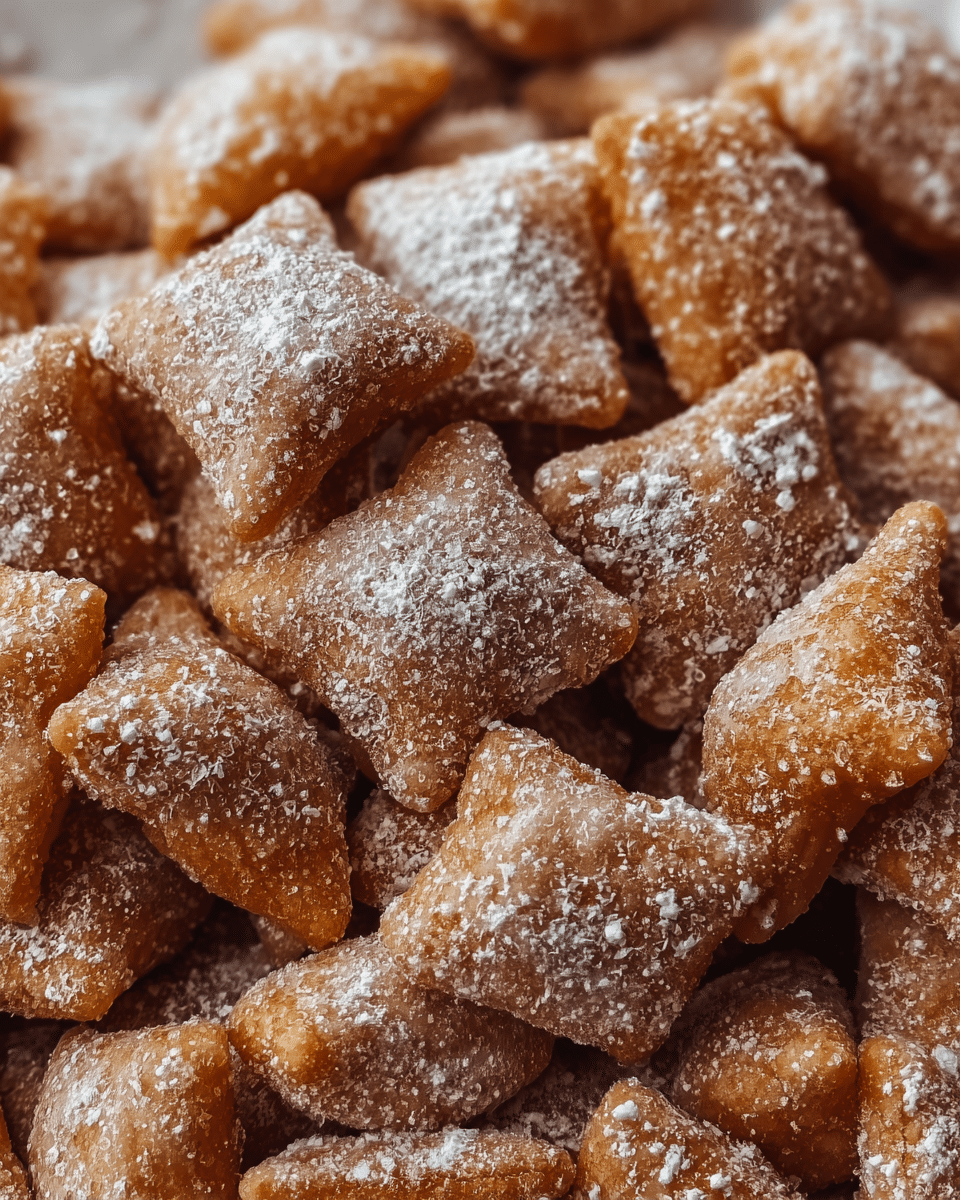 This close-up image shows many small pillow-shaped snack pieces with a visible crispy texture. Each piece is light brown in color and covered with a fine layer of white powdered sugar, creating a slightly rough and powdery look on the surface. The pieces are piled together closely, filling the frame with an inviting, crunchy appearance. The lighting brings out the soft shadows and highlights on the snack’s uneven surface, enhancing its texture. The background is a white marbled texture. photo taken with an iphone --ar 4:5 --v 7