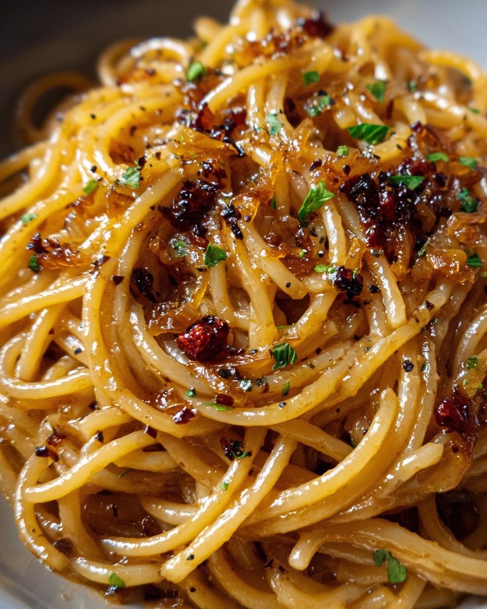 The dish shows a close-up of a single layer of spaghetti noodles coated in a glossy, light brown sauce. The spaghetti strands are intertwined with small pieces of caramelized onions and scattered bits of dark red chili flakes. Bright green herbs sprinkled on top add a fresh touch, while black pepper specks give texture and contrast. The noodles look soft and well-coated, served in a white bowl with a smooth, shiny finish. Photo taken with an iphone --ar 4:5 --v 7