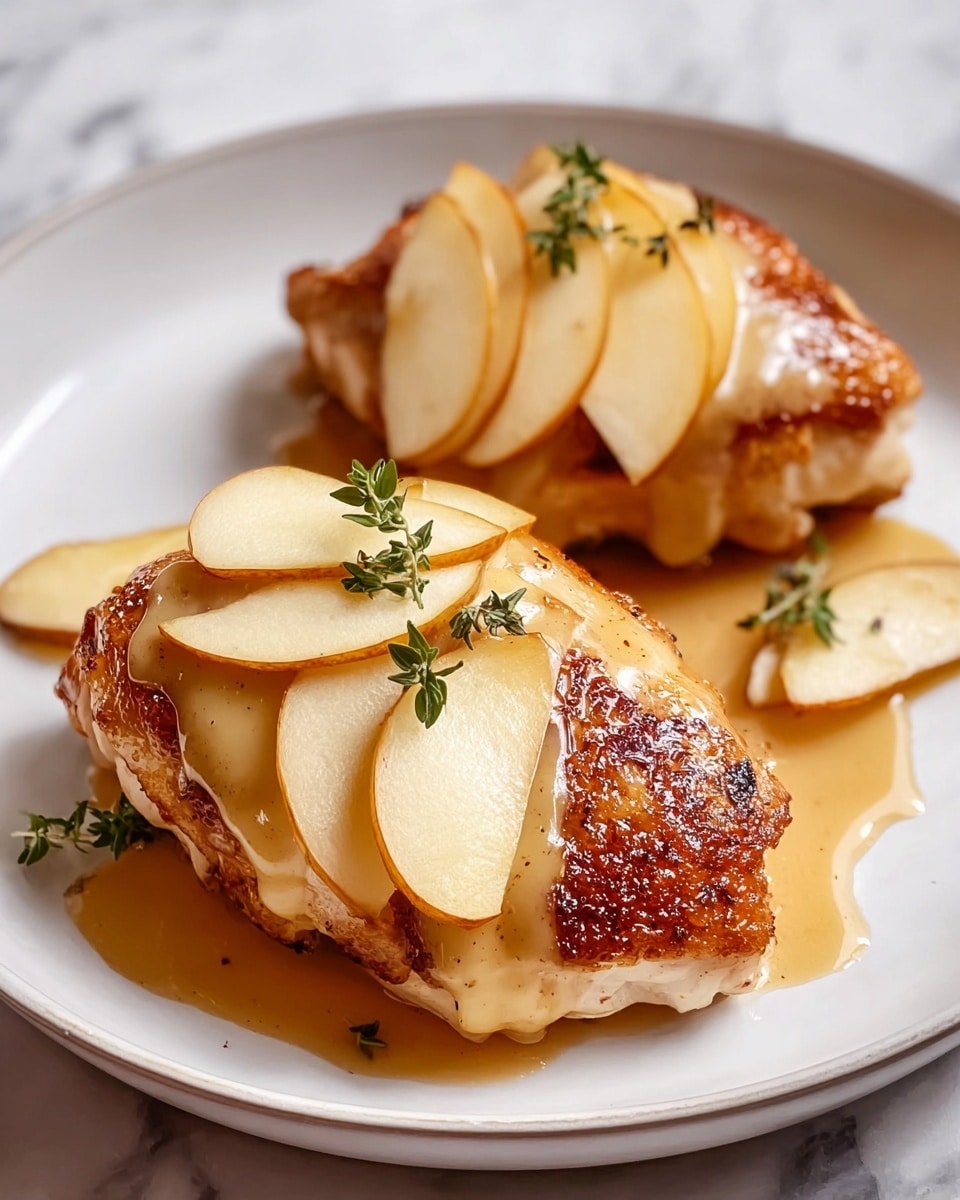 Two pieces of cooked chicken with golden-brown crispy skin sit on a white plate. Each piece is topped with a smooth, melted layer of cheese, creamy beige in color, and a few thin slices of light yellow apple arranged neatly on top. Small green herb sprigs are placed on the apples as decoration. A glossy sauce with a light brown tone gently coats the chicken and pools slightly on the plate. The plate rests on a white marbled surface. photo taken with an iphone --ar 4:5 --v 7