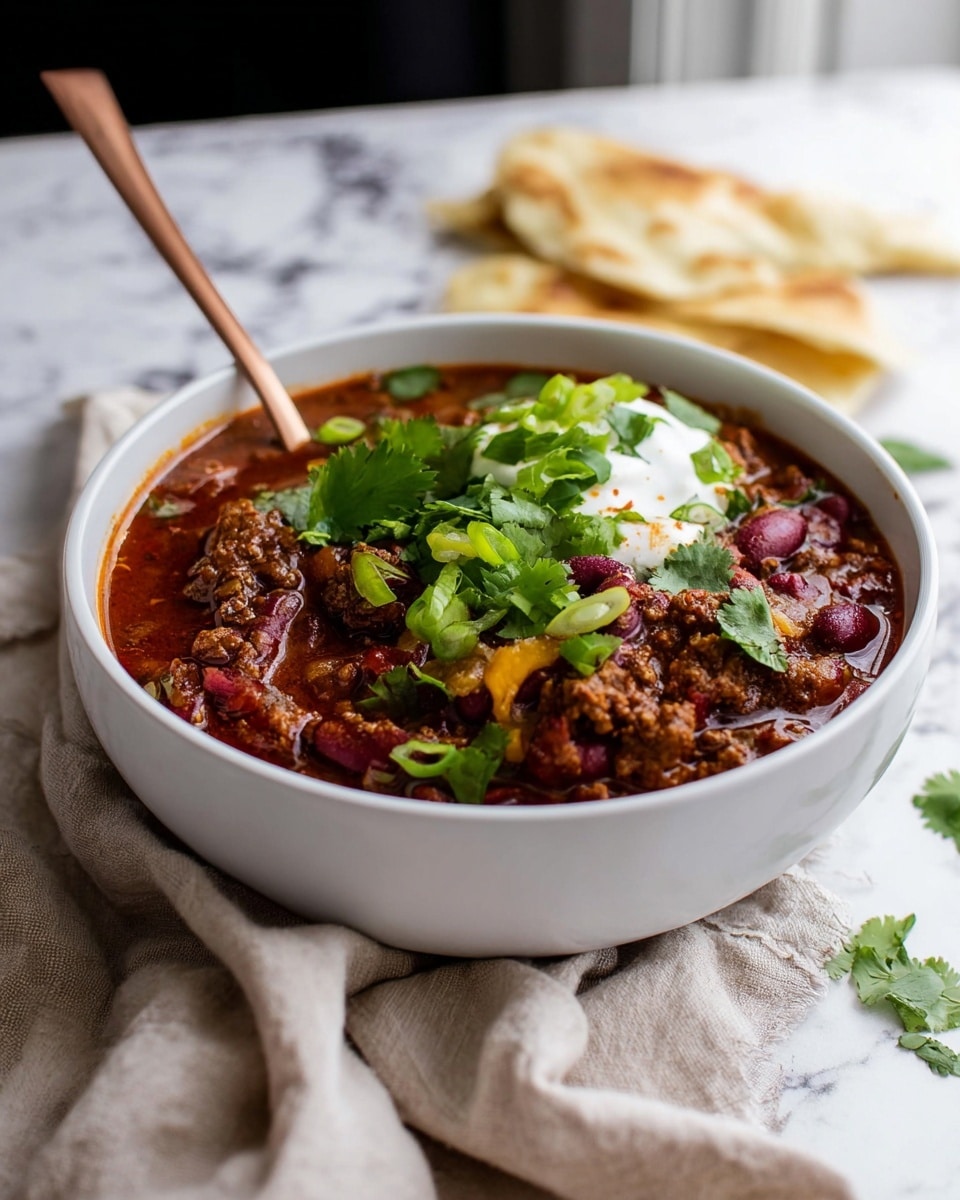A white bowl filled with three visible layers: at the bottom, a rich dark red chili stew with visible pieces of ground meat and kidney beans; in the middle, a few dollops of white sour cream adding a smooth texture; and on top, bright green chopped spring onions and cilantro leaves placed as fresh garnish. A copper spoon is partially dipped into the stew from the left side of the bowl. In the background, a few pieces of flatbread are partially visible on a white marbled texture surface with a beige cloth draped casually around the bowl. Photo taken with an iphone --ar 4:5 --v 7
