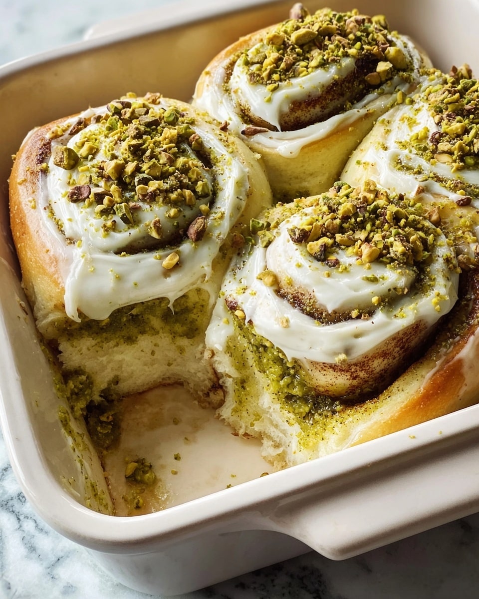 The image shows a close-up of four cinnamon rolls inside a white ceramic baking dish. Each roll has a soft, golden-brown dough base, with a visible thick layer of white cream cheese frosting swirling over the top. Between the white frosting and dough is a layer of green pistachio paste, peeking through and slightly melted into the roll. The rolls are generously sprinkled with crushed pistachio nuts, adding a textured green and brown topping. One roll is missing, revealing the soft, fluffy inner bread texture and a bit of melted green pistachio filling on the bottom edge. The dish rests on a white marbled surface, creating a clean and bright setting. Photo taken with an iphone --ar 4:5 --v 7