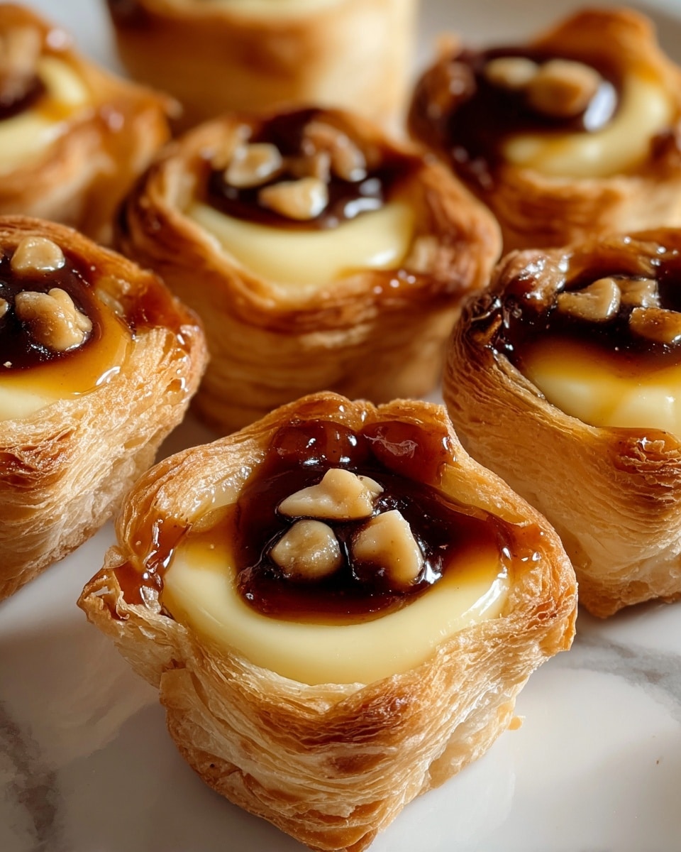 The image shows several small pastries arranged closely on a white marbled surface. Each pastry has three distinct layers: the bottom layer is a golden-brown, flaky puff pastry forming a small cup shape; the middle layer is a smooth, creamy pale yellow custard filling the pastry cup; the top layer consists of a glossy dark caramel sauce with small light brown nut pieces scattered on it, slightly pooling into the custard. The pastries are square-shaped and have a shiny, slightly sticky appearance from the caramel glaze, giving them a rich and appealing look. Photo taken with an iphone --ar 4:5 --v 7