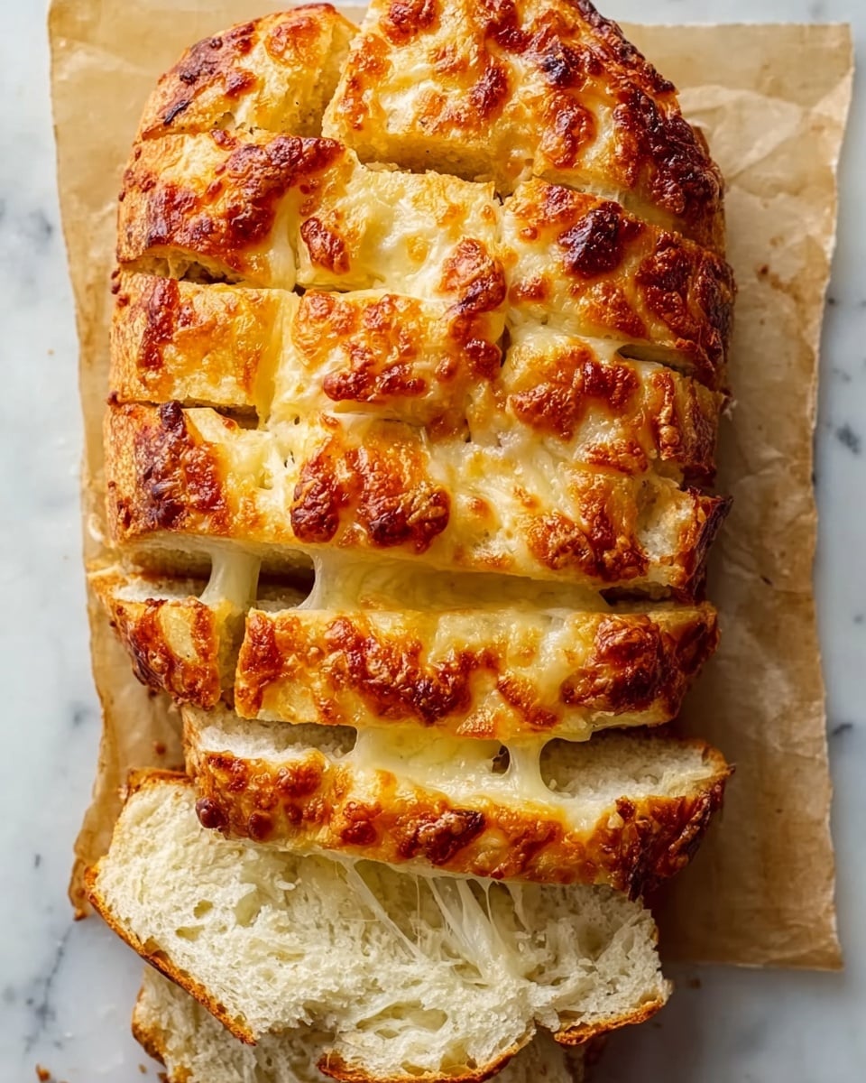 A loaf of cheesy bread is sliced into multiple thick pieces, laid on parchment paper over a white marbled surface. The top layer is golden-brown melted cheese with crispy, slightly burnt spots, forming a textured crust. Just beneath the top crust, gooey melted cheese stretches between the separated slices, showing its elastic and soft texture. The bread inside is fluffy and light with a consistent pale cream color and some air pockets visible. Photo taken with an iphone --ar 4:5 --v 7