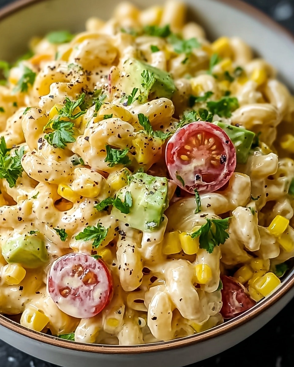 A close-up view of a bowl filled with creamy pasta salad made of curly macaroni coated in a thick, light yellow sauce. Mixed throughout are small bright yellow corn kernels, light green avocado chunks, and halved red grape tomatoes showing their juicy interior. Scattered on top are fresh dark green parsley leaves and a sprinkle of coarse black pepper. The bowl is white with a light brown rim, placed on a white marbled texture surface. photo taken with an iphone --ar 4:5 --v 7