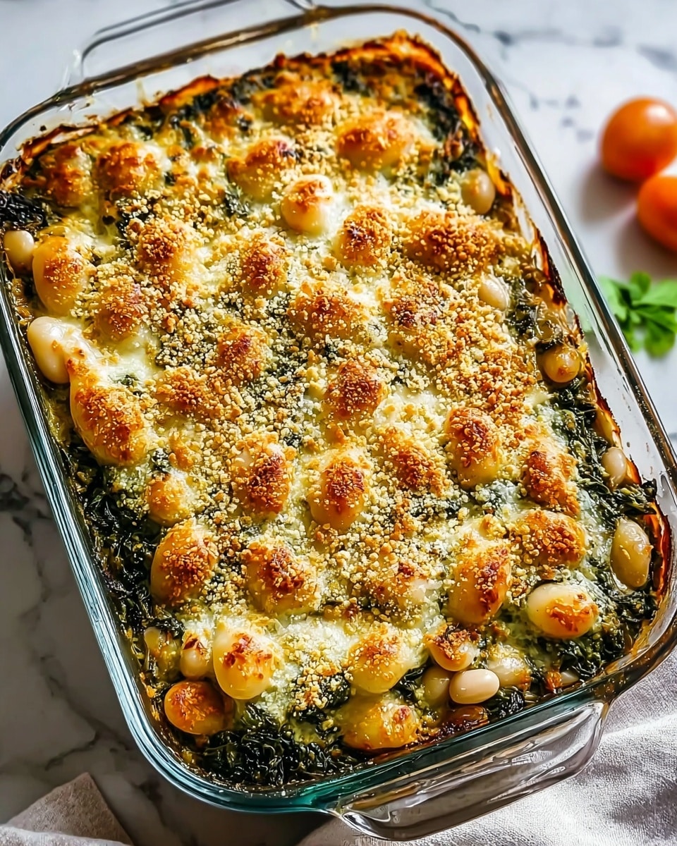 The image shows a baked dish in a clear glass rectangular baking dish with handles, placed on a white marbled surface with a light cloth beside it. The dish has two visible layers: the bottom layer appears to be a dark green, leafy vegetable mixture with some texture, and the top layer is golden brown, melted cheese with some browned and bubbly spots scattered across. There are also whole white beans baked into the top layer, lightly browned and slightly puffed. The dish is sprinkled with a fine, light-colored crumb or grated cheese that covers the entire surface evenly. Photo taken with an iphone --ar 4:5 --v 7