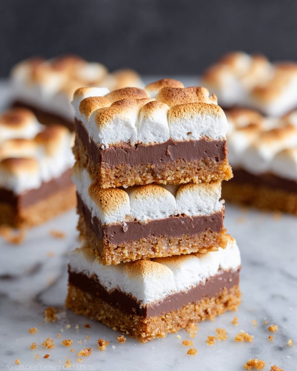 A stack of three square dessert bars is shown on a white marbled surface, with more bars blurred in the background. Each bar has three layers: a bottom crumbly golden-brown crust, a thick middle layer of smooth, creamy milk chocolate, and a top layer of white toasted marshmallows with golden-brown spots. Crumbs are scattered around the base of the stack, adding a textured look. The bars are neatly cut, showing clear separation between the layers. photo taken with an iphone --ar 4:5 --v 7