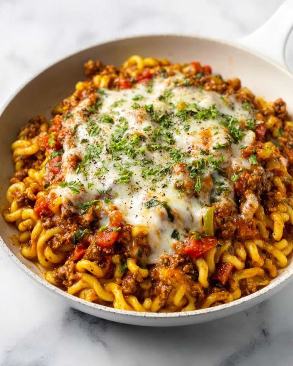 The dish is served in a deep white bowl, filled with three main layers. The bottom layer is made of thick, twisted, pale yellow pasta. The middle layer has cooked ground meat mixed with bright strips of red, yellow, and green bell peppers, adding a mix of brown and colorful tones. The top layer is melted white cheese covering the meat and vegetables, sprinkled with finely chopped green herbs and specks of black pepper and seasoning. The entire bowl sits on a white marbled surface, and the lighting highlights the glossy texture of the cheese and the vibrant colors of the ingredients. Photo taken with an iphone --ar 4:5 --v 7