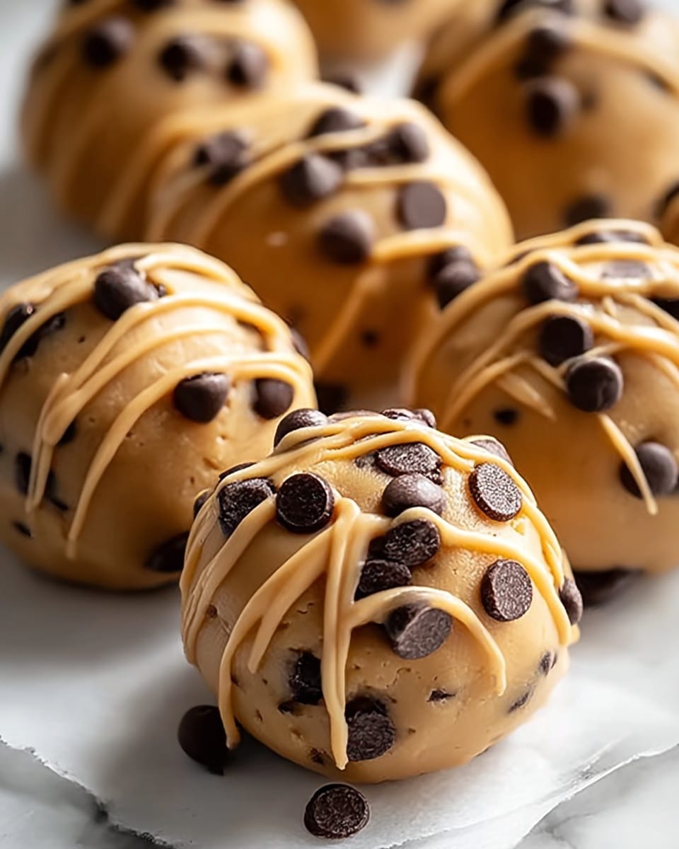 The image shows round cookie dough balls coated in a light brown, smooth peanut butter glaze. Each ball is decorated with dark brown chocolate chips that stick out from the surface, creating a textured look. Thin lines of the same peanut butter glaze are drizzled on top of the balls. The cookie dough balls sit closely together on white parchment paper over a white marbled texture. Photo taken with an iphone --ar 4:5 --v 7