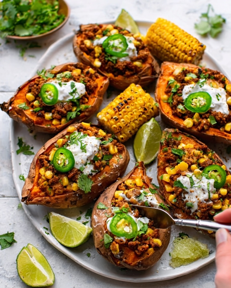 The image shows stuffed baked sweet potatoes arranged on a white plate placed on a white marbled surface. Each sweet potato is cut open to reveal a filling of seasoned, browned ground meat mixed with kernels of yellow corn. On top of the filling, there are small dollops of white sour cream, vibrant green slices of fresh jalapeño, and some chopped fresh green herbs scattered around. Lime wedges and grilled corn pieces are placed near the sweet potatoes, adding extra color and freshness. A woman's hand is seen reaching in with a knife to cut one of the potatoes. The overall look is warm, colorful, and fresh, with a bright, natural light highlighting the textures. photo taken with an iphone --ar 4:5 --v 7