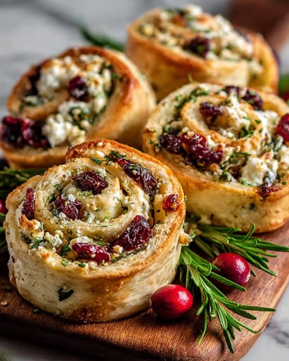 The image shows four savory spiral rolls on a wooden board, each roll having multiple layers of golden-baked dough swirled with white cheese crumbles, dark red cranberry pieces, and green herbs. The dough layers are soft and slightly shiny, with the cheese looking crumbly and the cranberries adding vibrant bursts of deep red. Sprigs of fresh rosemary and whole cranberries are placed on the wooden board as decoration. The background is a white marbled surface with soft natural lighting highlighting the textures of the rolls. Photo taken with an iphone --ar 4:5 --v 7