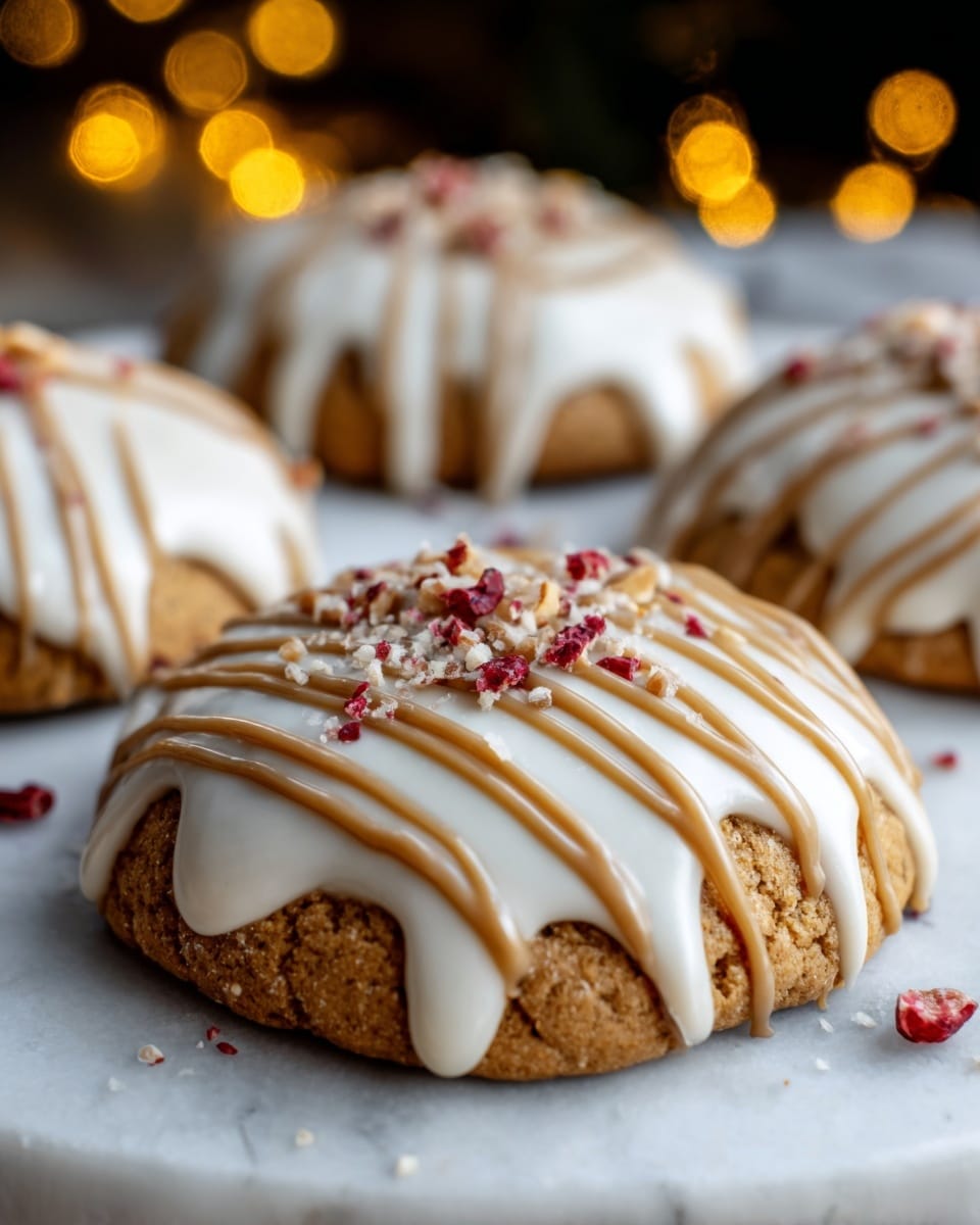 The image shows a close-up of soft round cookies placed on a white marble surface. Each cookie has one thick, smooth layer of white icing dripping down the sides, covering the top fully. Thin lines of brown syrup are drizzled evenly across the icing, creating a striped pattern. Small pieces of nuts and tiny red bits are scattered as a topping right in the middle of each cookie. The background has warm, blurry yellow lights that add a cozy feeling. Photo taken with an iphone --ar 4:5 --v 7