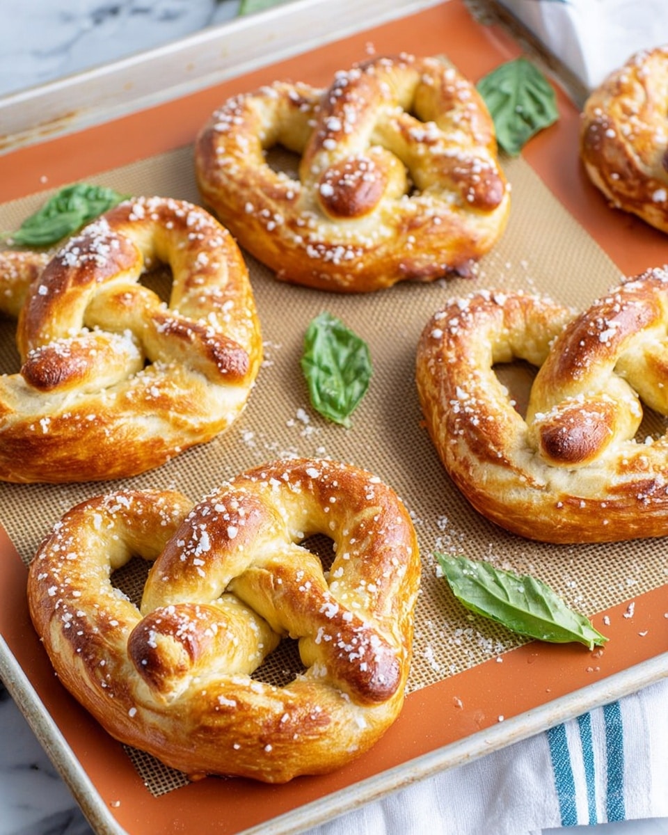 The image shows five golden brown soft pretzels on a baking tray lined with a tan silicone mat. Each pretzel is sprinkled with white coarse cheese and light salt crystals. The pretzels have a shiny, glazed surface with soft dough visible in places. There are a few fresh green basil leaves scattered around the pretzels. The frame shows a white marbled surface below the tray and a white cloth with pale blue stripes partially visible under the tray. Photo taken with an iphone --ar 4:5 --v 7