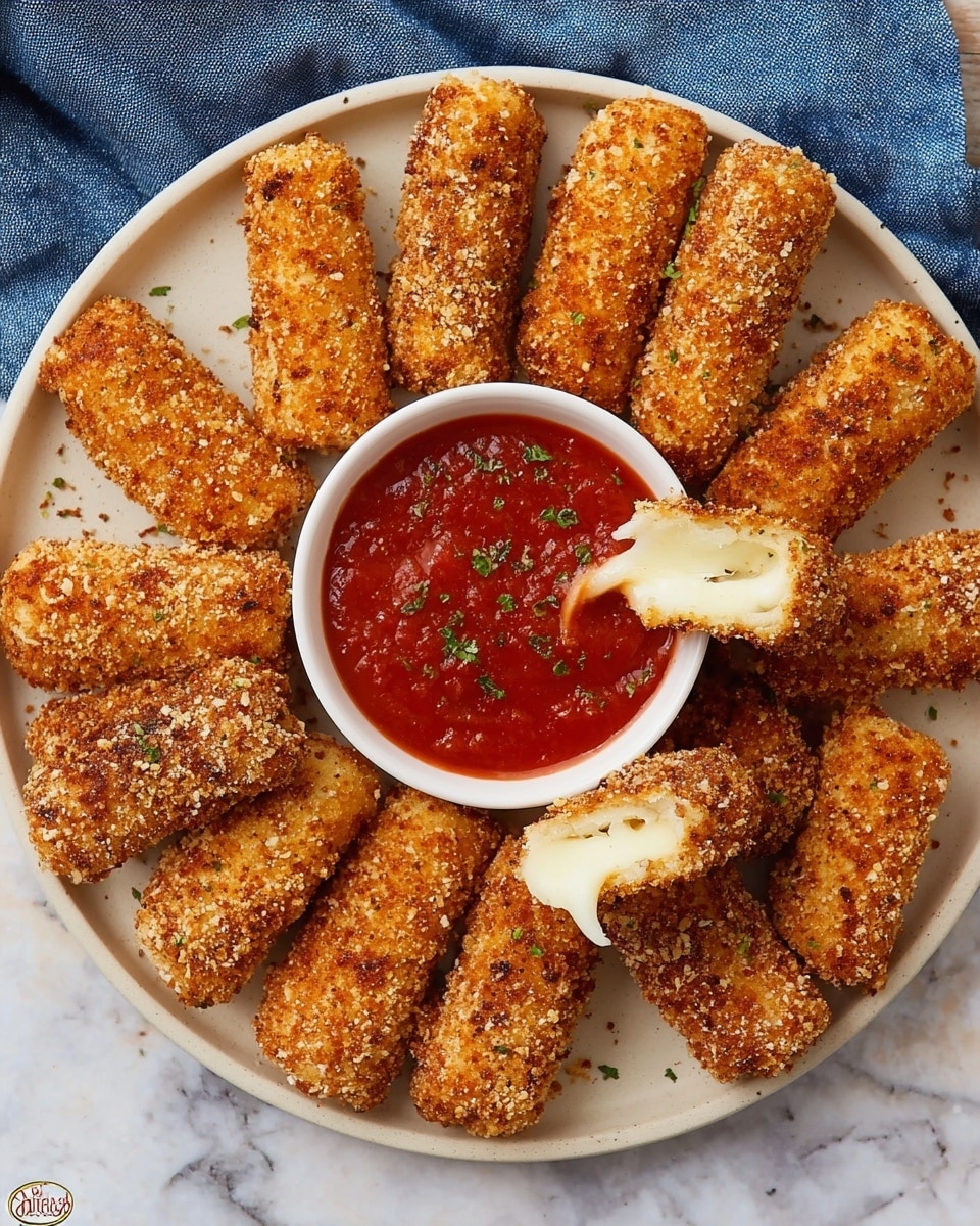 A round white plate holds eleven golden brown, crumb-coated mozzarella sticks arranged in a circle, with one stick broken open to show melted white cheese inside; near the edge of the plate is a small white bowl filled with bright red marinara sauce, garnished with small green herb pieces; the plate rests on a white marbled surface with a blue denim cloth partially visible at the top left; the mozzarella sticks have a rough, crunchy texture from the coating, and the sauce looks smooth with tiny bits inside photo taken with an iphone --ar 4:5 --v 7