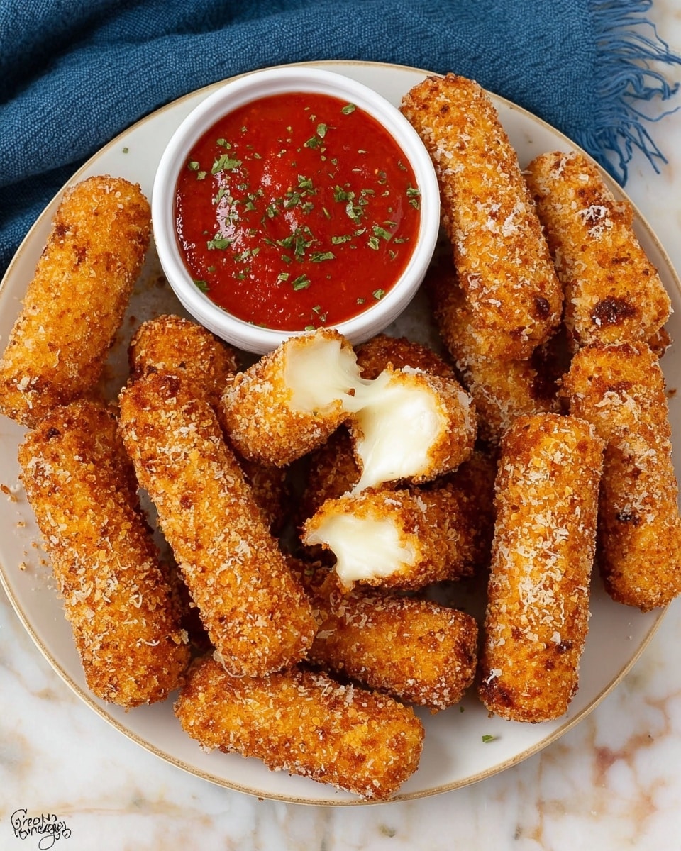 A white plate on a white marbled surface holds a circle of 12 golden brown mozzarella sticks, each with a rough, crunchy coating. One mozzarella stick in the center is broken in half, showing melted white cheese inside. Next to the broken mozzarella stick, there is a small white bowl filled with red marinara sauce sprinkled with green herbs. A blue cloth is partially visible in the top left corner. photo taken with an iphone --ar 4:5 --v 7