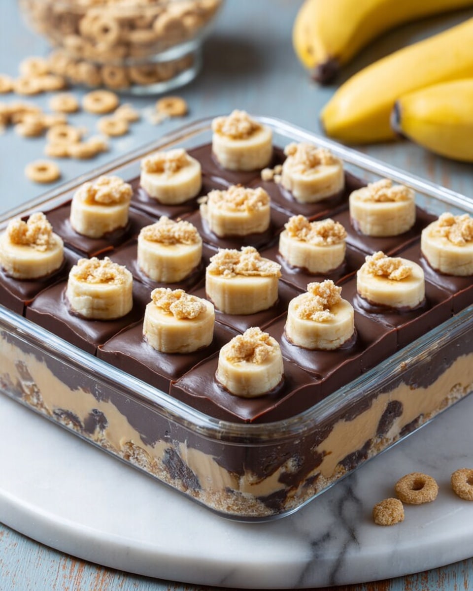 The dish is a square glass baking dish filled with layered dessert bars. The bottom layer appears crumbly and light tan, resembling cookie dough or a crust with bits of chocolate visible inside. The middle layer is thick, smooth, and dark brown, looking like rich melted chocolate spread evenly across the base. The top layer consists of neatly arranged small rectangular and circular pieces in a light beige color, each topped with a small irregular crumb, suggesting a creamy topping with crunchy bits on top. The dessert rests on a white marbled surface with blurred ingredients like bananas and cereal in the background. Photo taken with an iphone --ar 4:5 --v 7