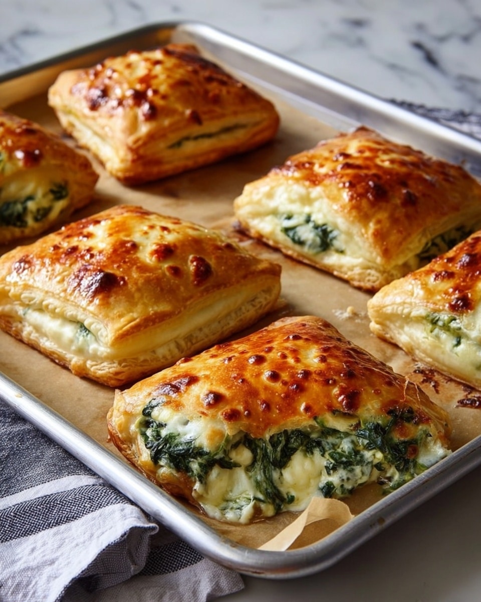 The image shows six golden-brown square pastries on a silver baking tray with parchment paper. Each pastry is layered with a shiny, crisp, and flaky top crust that has small brown spots of baked cheese. Inside, the layers reveal a creamy white and green filling made of spinach and cheese, visible where some pastries are cut open, showing soft, melted cheese mixed with finely chopped spinach. The edges of the pastries are pressed down with a fork to seal the filling inside. The tray sits on a white marbled surface with a striped cloth partially visible in the background. photo taken with an iphone --ar 4:5 --v 7