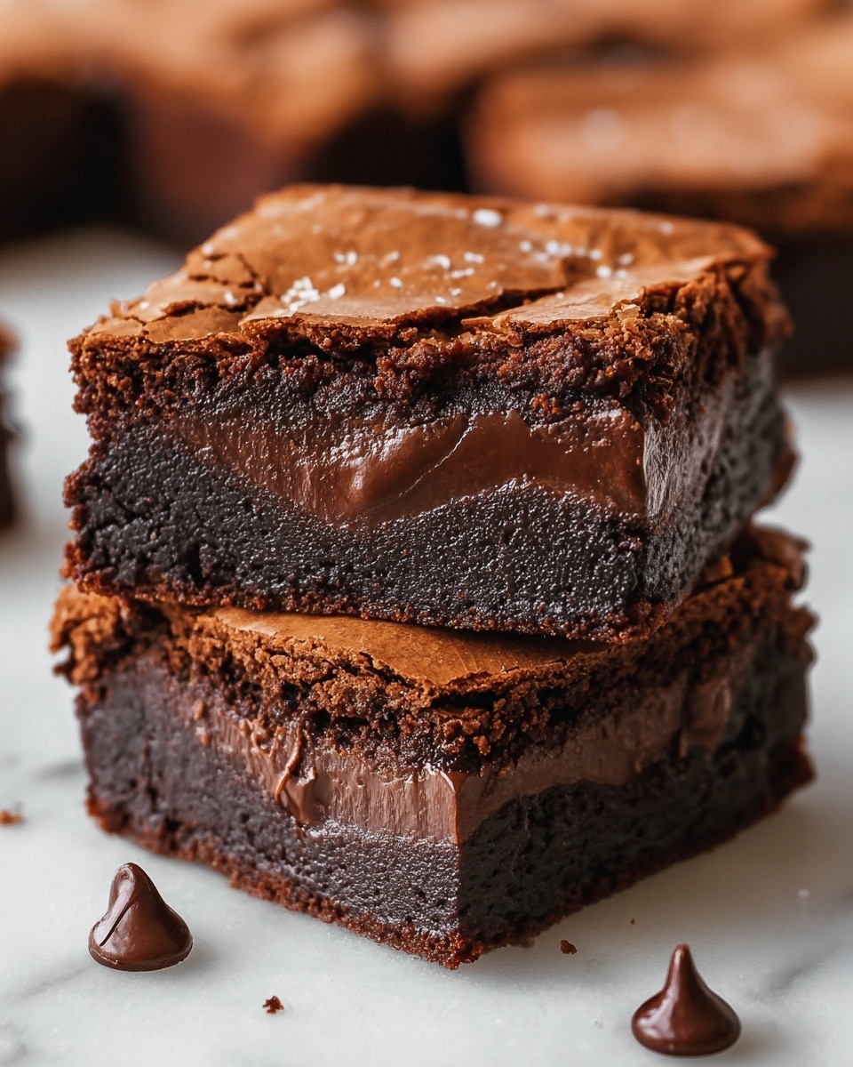The image shows two stacked chocolate brownies on a white marbled surface, each with two distinct layers. The top layer is a light, cracked, and slightly crisp chocolate crust with a rough texture, while the bottom layer is thick, dark, and gooey chocolate fudge that looks moist and dense. Scattered chocolate pieces surround the brownies, adding extra texture and context to the scene. Photo taken with an iphone --ar 4:5 --v 7