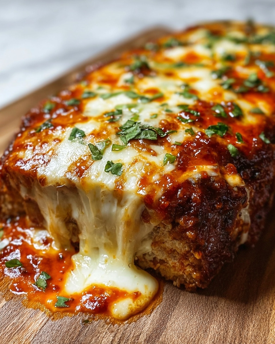 The image shows a close-up of a baked dish with melted cheese on top, covered in golden brown and slightly crispy with an orange-red sauce spread beneath and over the top. The cheese layer is thick and bubbly, stretched slightly down with gooey strings over the edges. Small green herb pieces are sprinkled on top, adding a fresh touch. The base layer appears dense and firm with a browned texture, likely containing a savory filling. The dish sits on a light brown wooden surface, but the background is changed to a white marbled texture. Photo taken with an iphone --ar 4:5 --v 7