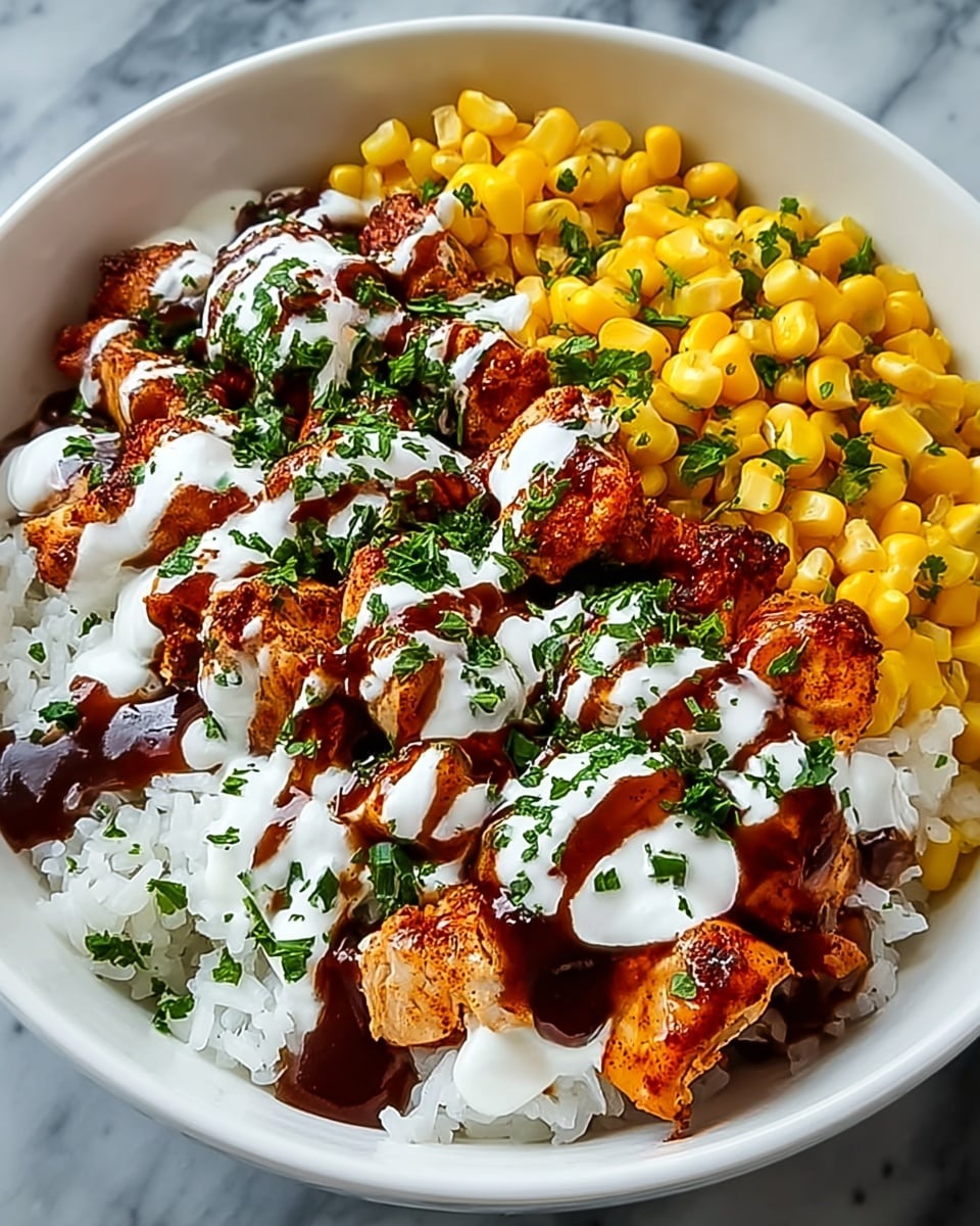 A white bowl holds a layered dish starting with a base of white rice, topped with pieces of cooked chicken that have a reddish-brown seasoning. On one side, there is a pile of bright yellow corn kernels. The chicken is drizzled with a dark brown sauce and a thick white sauce, which is sprinkled with green chopped herbs. The bowl sits on a white marbled surface. Photo taken with an iphone --ar 4:5 --v 7