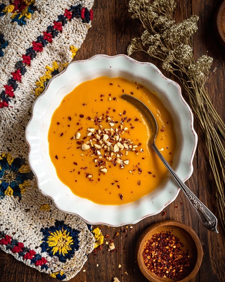 A white bowl with a scalloped edge holds a smooth orange soup topped with small pieces of nuts and a sprinkle of crushed black pepper and red chili flakes, with a silver spoon resting on the side of the bowl, partially dipped into the soup. The bowl sits on a dark wooden table, next to a colorful crocheted cloth with white, yellow, red, blue, and green thread. Dried flower stems and a small wooden bowl filled with crushed red chili flakes are placed around the bowl. The overall look is warm and rustic. photo taken with an iphone --ar 4:5 --v 7