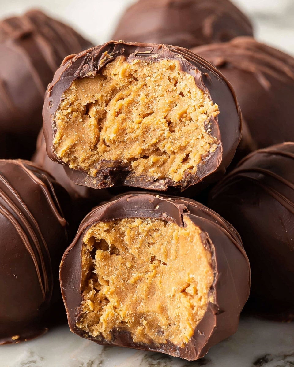 The image shows a close-up of chocolate-covered peanut butter balls. The candy has two main layers: a thick, smooth dark chocolate outer layer with swirled texture and shine, and a crumbly, golden peanut butter filling inside. One piece is cut in half and placed on top of whole peanut butter balls below it, showing the dense filling well. The background is a white marbled texture, and the photo is focused to highlight the rich texture of both the chocolate and peanut butter layers. photo taken with an iphone --ar 4:5 --v 7