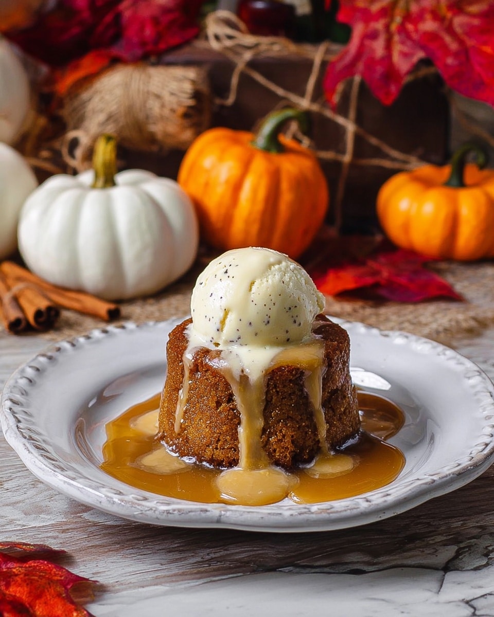 A small round cake with a textured brown surface sits in the center of a shiny white plate with a decorative edge. On top of the cake is a round scoop of white ice cream with small black specks, and thick, light brown sauce is poured over the ice cream, dripping down the sides of the cake and pooling around it on the plate. The background shows red and orange fall leaves, white and orange small pumpkins arranged with rustic rolled parchment tied with twine, all set on a wooden surface with a white marbled texture underneath. photo taken with an iphone --ar 4:5 --v 7