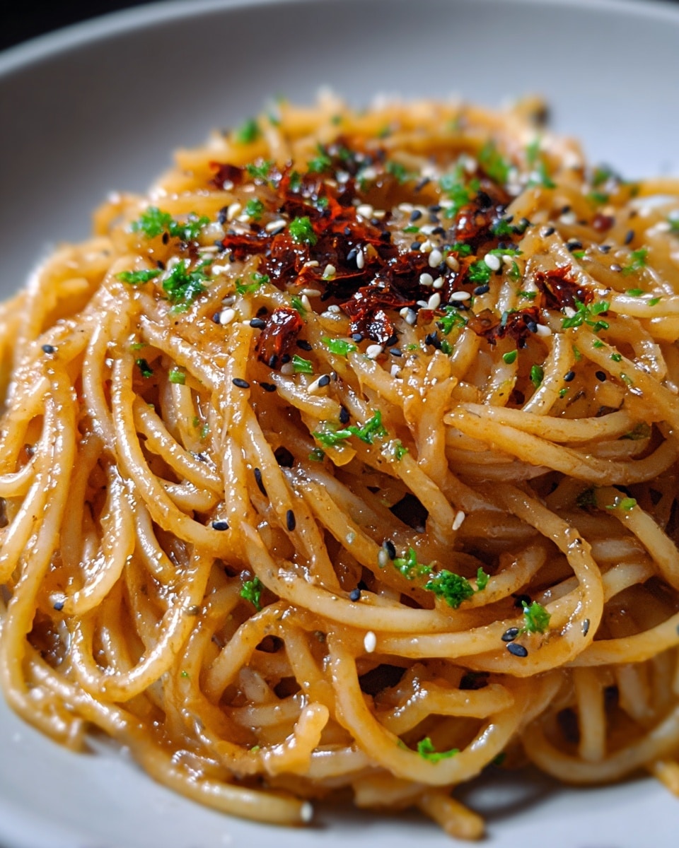 A close-up image of a single layer of cooked spaghetti noodles, coated in a glossy, light brown sauce. The noodles are topped with small pieces of dark red chili flakes and finely chopped green herbs scattered evenly. Black pepper and sesame seeds are sprinkled on top, adding texture. The dish is served on a smooth white plate, set against a white marbled background. photo taken with an iphone --ar 4:5 --v 7