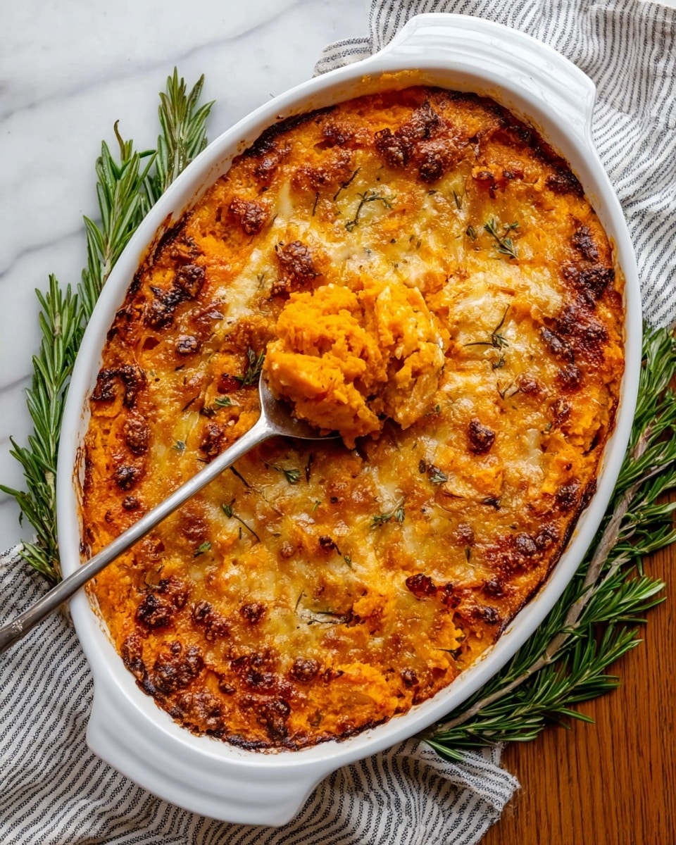 A white oval baking dish filled with a golden-brown cheesy casserole, with a crispy top layer of melted cheese that has browned edges, revealing a soft, orange sweet potato layer beneath, mixed with bits of herbs and small pieces inside; a spoon lifts a portion from the center showing the thick, gooey inside with two distinct layers: a crispy cheese crust on top and a smooth orange sweet potato base; it is garnished with sprigs of fresh green rosemary placed around the edges, all set on a white marbled textured surface with a striped cloth nearby; photo taken with an iphone --ar 4:5 --v 7